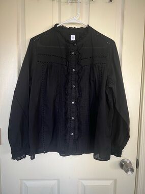 GAP Black Sheer Ruffle Blouse Long Sleeve Button Front Boho Top